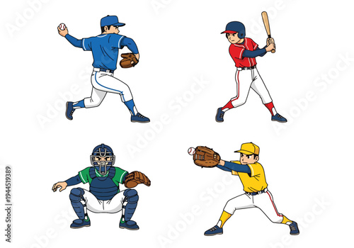 japanese style cute cartoon baseball players set featuring batter, pitcher, catcher and runner in flat vector style isolated on white background, ideal for youth sports branding and kids merchandise
