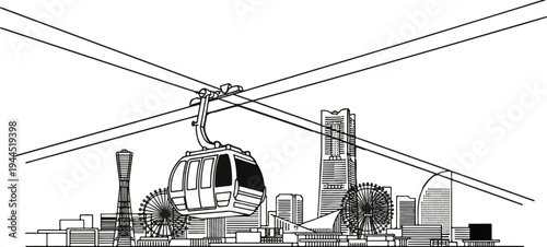 Black and white sketch of a cable car traversing a city skyline with Ferris wheels and tall buildings