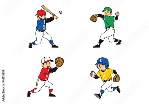 japanese style cute cartoon baseball players set featuring batter, pitcher, catcher and runner in flat vector style isolated on white background, ideal for youth sports branding and kids merchandise
