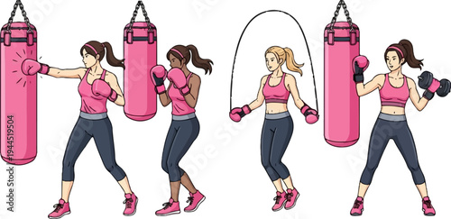 Four women engage in diverse fitness activities, including boxing and jumping rope