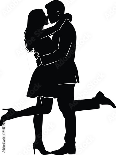 Black and white vector silhouette of a romantic young couple embracing and kissing with a leg lift pose isolated on a white background