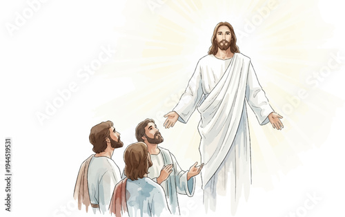 Divine encounter, man in white robe with open arms, bathed in light