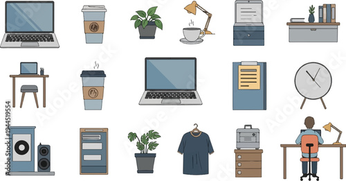 Office workspace items including laptops, coffee cups, plants, lamps, desks, clocks, and a person working