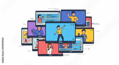 Multiple people interacting on screens, sharing content on devices