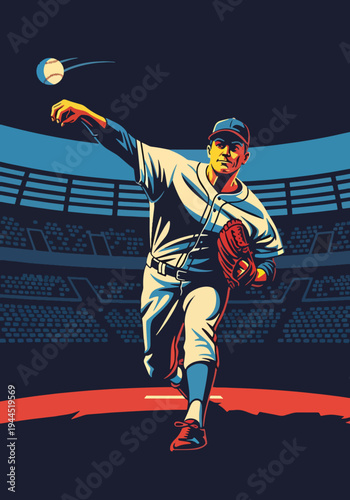 Retro baseball pitcher on stadium mound at sunset in bold sports poster style with dramatic arena lights and strong graphic composition, ideal for championship event promotion and wall art prints