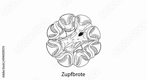 Black and white illustration of a flower-shaped arrangement of pastries with filling