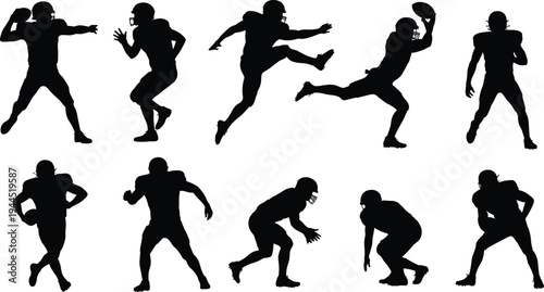 Black silhouette illustration of ten American football players in helmets and uniforms, performing dynamic sports actions such as running, throwing, catching, and kicking for stock design use.