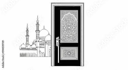 Ornate door opens to reveal a stylized mosque with domes and minarets