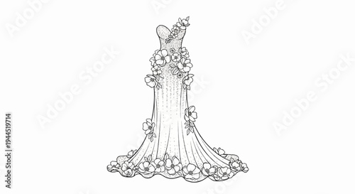 Elegant white gown with a flowing train adorned with numerous delicate floral embellishments
