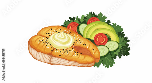 Grilled fish with a creamy topping and a vibrant fresh salad