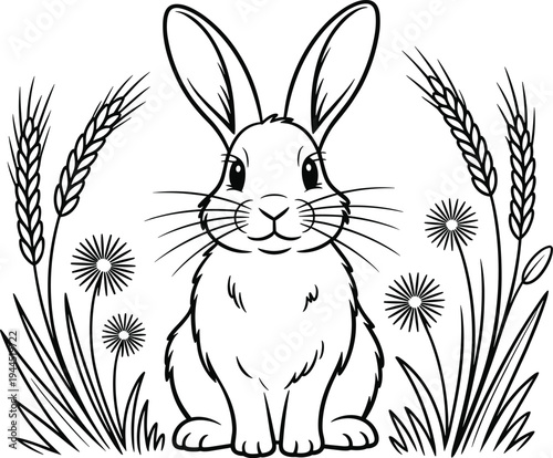 Black and white of a rabbit sitting among wheat and dandelions line cartoon animal mammal
