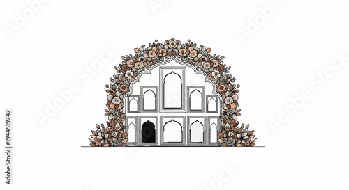 Ornate floral archway framing a series of arched alcoves