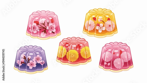 Five colorful, fruit-filled gelatin desserts with decorative floral inclusions