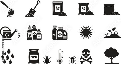 set of garden and gardening icons on white background