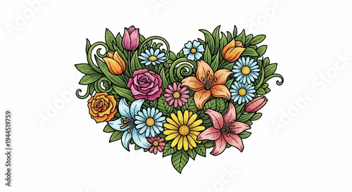 Heart-shaped floral arrangement with diverse blossoms and greenery