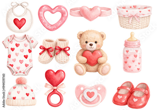 A sweet watercolor collection of baby girl nursery accessories with hearts, teddy bear, pacifier, baby clothes, and pink newborn essentials.