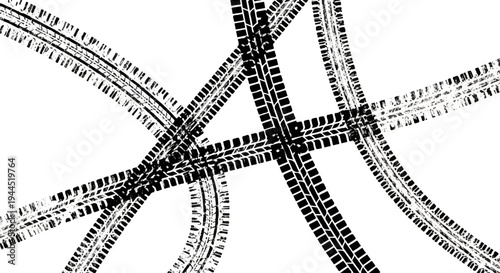 Intersecting tire tracks in black ink on a white background
