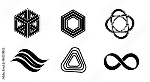Geometric symbols including infinity, hexagon, and abstract wave patterns