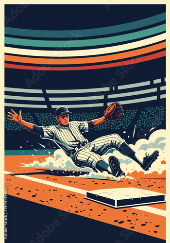 Baseball player sliding into home plate in dynamic stadium scene, retro sports poster design with dramatic dust effect, perfect for tournament promotion and championship wall art prints