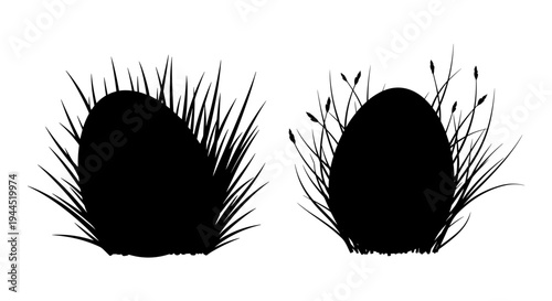 Two stylized silhouettes of eggs nestled in grass-like textures Vector, illustration