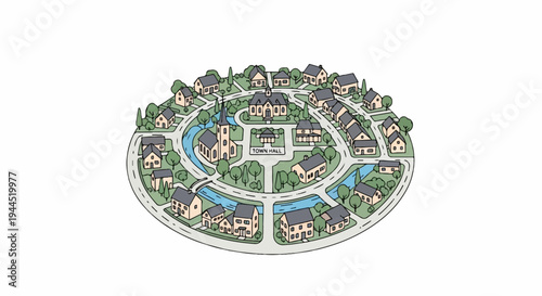 Aerial view of a circular town with houses, church, and town hall