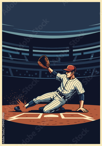 Baseball player sliding into home plate in dynamic stadium scene, retro sports poster design with dramatic dust effect, perfect for tournament promotion and championship wall art prints