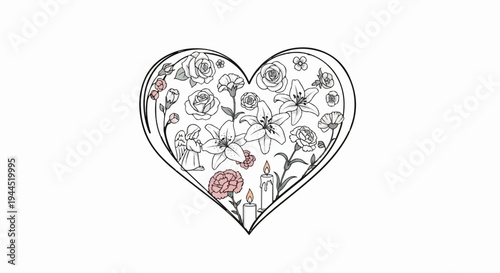 Heart-shaped floral arrangement with angel and lit candles