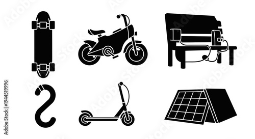 Collection of outdoor recreational and transportation vehicles in silhouette