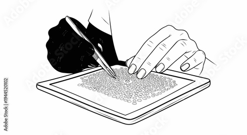 Hand using tweezers to place tiny beads on a tray