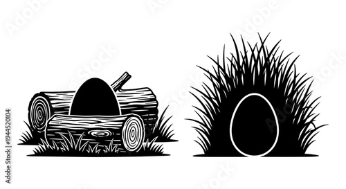 Eggs hidden in natural rustic and grassy settings for creative decoration or easter theme. Vector, illustration