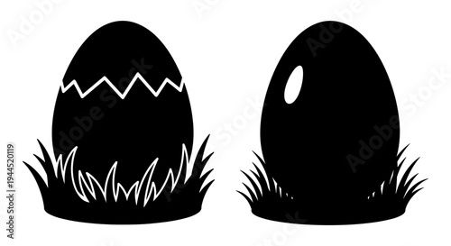 Two contrasting eggs emerging from grass with one cracked and one intact Vector, illustration