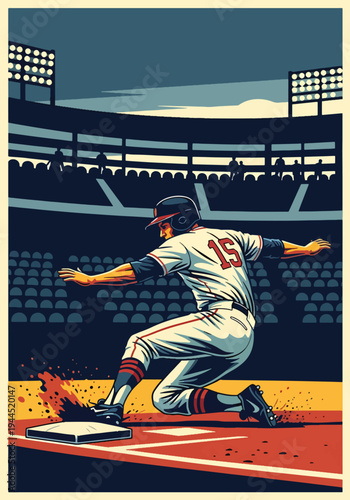 Baseball player sliding into home plate in dynamic stadium scene, retro sports poster design with dramatic dust effect, perfect for tournament promotion and championship wall art prints