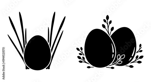 Elegant black silhouettes of eggs adorned with delicate botanical designs Vector, illustration