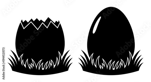 Two contrasting eggs emerging from grass with one cracked open revealing a chick inside Vector, illustration