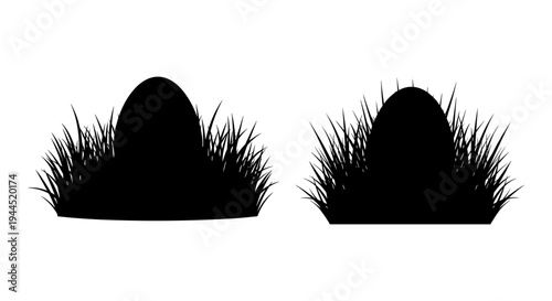 Two silhouettes of mushrooms emerging from grassy bases with intricate details. Vector, illustration