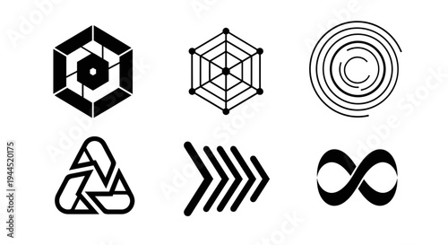 Collection of geometric symbols featuring hexagons, infinity signs, and triangular designs
