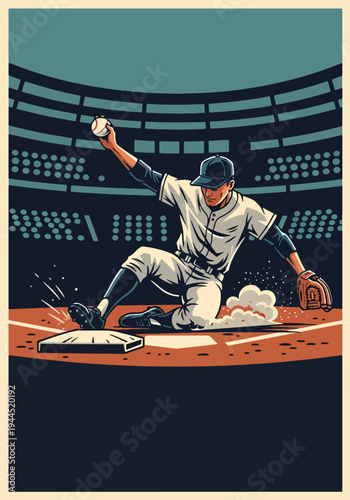 Baseball player sliding into home plate in dynamic stadium scene, retro sports poster design with dramatic dust effect, perfect for tournament promotion and championship wall art prints
