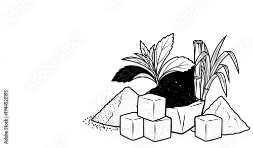 Illustration of sugar cubes, granular sugar, and sugar cane plants