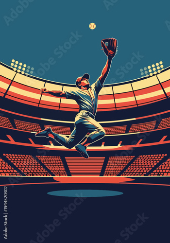 Baseball outfielder jumping high to catch ball under stadium lights in bold retro sports poster style, dramatic championship theme ideal for tournament promotion and wall art decor