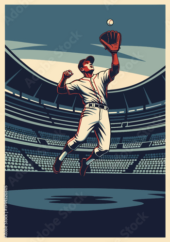 Baseball outfielder jumping high to catch ball under stadium lights in bold retro sports poster style, dramatic championship theme ideal for tournament promotion and wall art decor