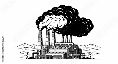 Industrial factory emitting large plumes of black and white smoke into the sky