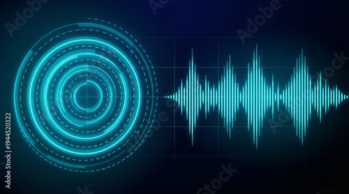 Technology Sound Wave and Circular Digital Interface Glowing with Bright Blue Neon Light