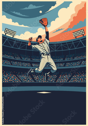 Baseball outfielder jumping high to catch ball under stadium lights in bold retro sports poster style, dramatic championship theme ideal for tournament promotion and wall art decor