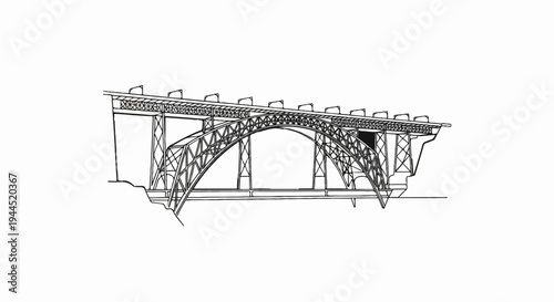 Detailed architectural sketch of a metal truss arch bridge structure