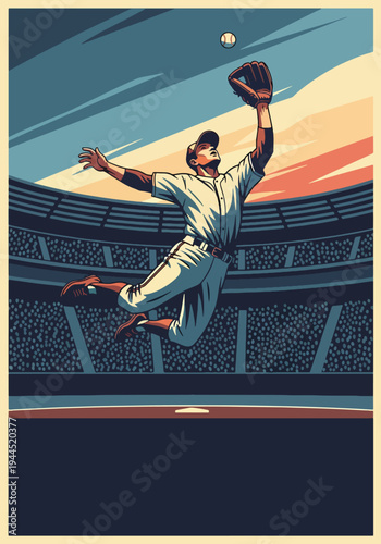 Baseball outfielder jumping high to catch ball under stadium lights in bold retro sports poster style, dramatic championship theme ideal for tournament promotion and wall art decor