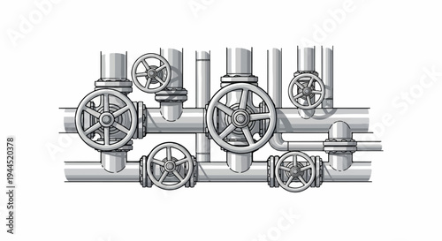 Industrial pipes and control valves, a network of conduits with various turning wheels
