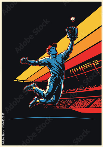 Baseball outfielder jumping high to catch ball under stadium lights in bold retro sports poster style, dramatic championship theme ideal for tournament promotion and wall art decor