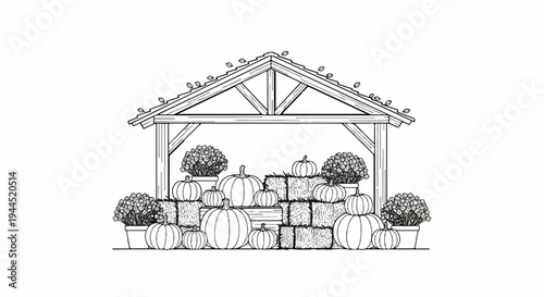 Rustic autumn harvest display with pumpkins and hay bales under a pergola