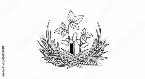 Line drawing of wheat and growing plants with leaves