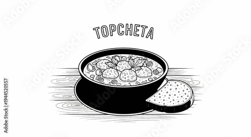 Line art illustration of a hearty stew with meatballs and bread on wooden planks